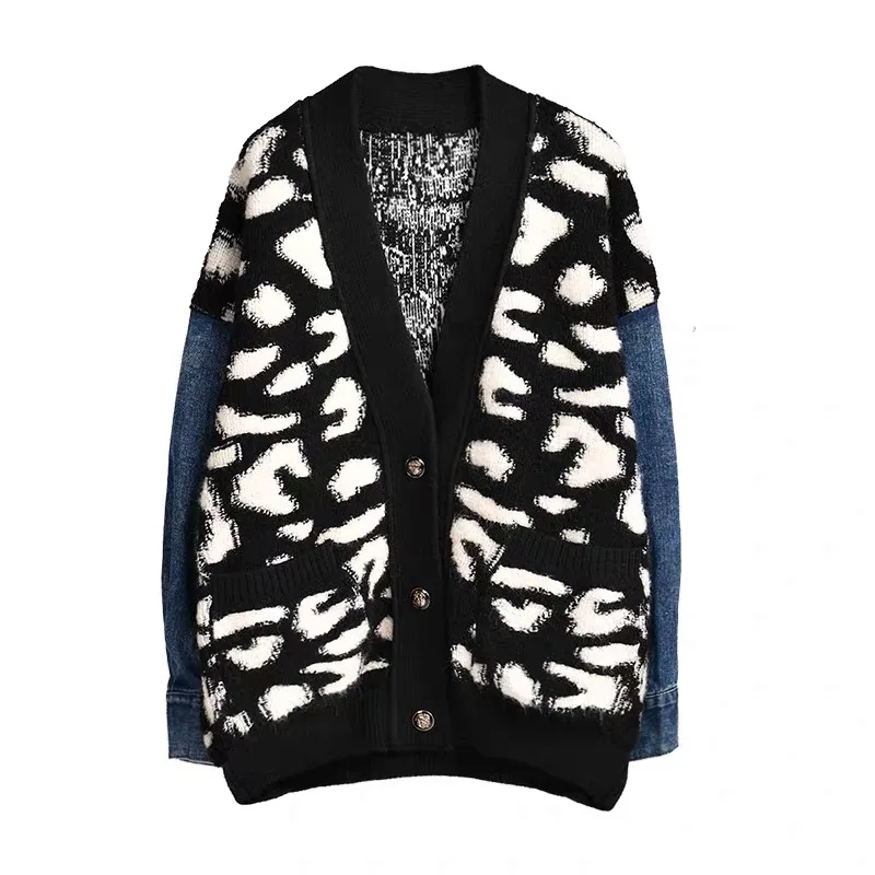 
leopard jacquard cardigan with contrasting jean sleeves buttoned knit sweater 
