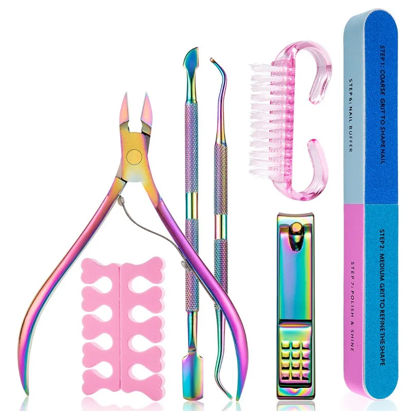 

7 PCS Stainless Steel Premium Cuticle Nippers Pusher Manicure Tools Set Nail Clippers Beauty Nail Care Tool Set, Rainbow