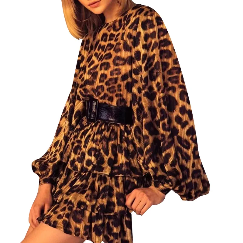 

Summer Dress 2021 Sexy Ropa Ladies Round Neck Full Sleeve Leopard Print Layered Mini Dress