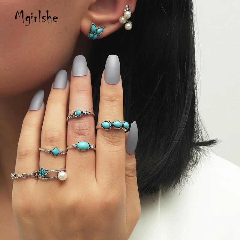 

Mgirlshe 6pcs Turquoise Rings Set Knuckle Rings Bohemian Earrings for Girls Vintage Gem Teens Party Daily Fesvital Jewelry Gift