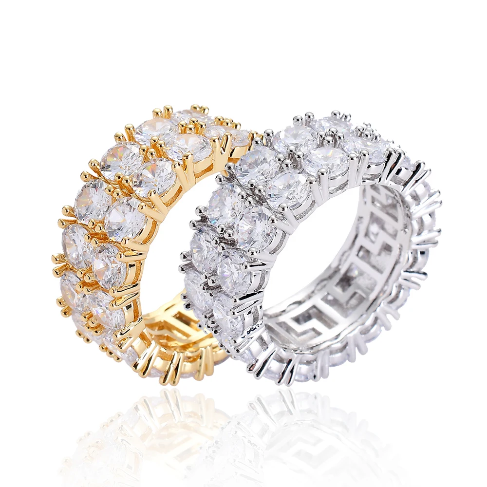 

Hiphop Women Men Gold 18 Two Row Iced Out Zircon Stone Crushed Cuban Bands or Engagement Ring, Gold/silver