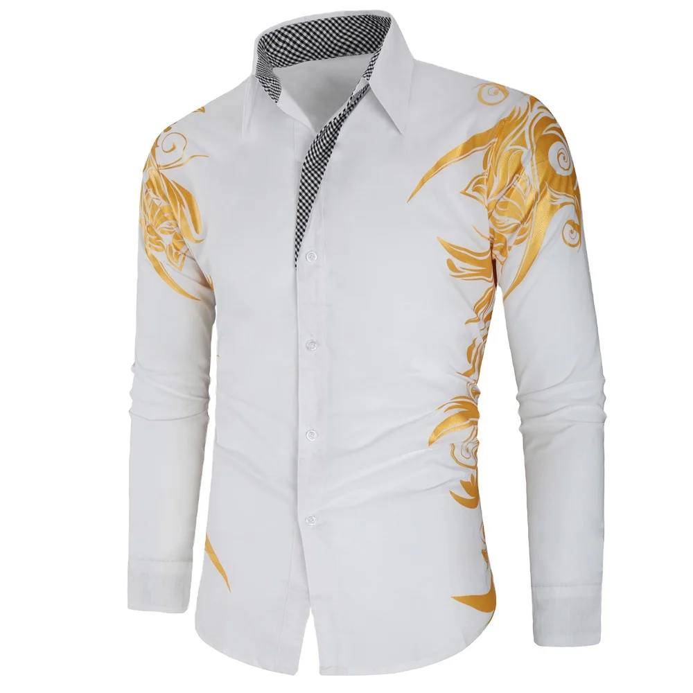 

New cool male outfit fashion bronzing print men's long sleeve shirt temperament commutes