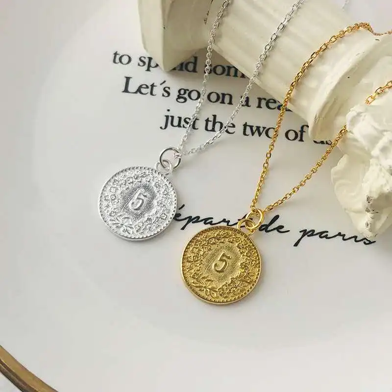 

S925 sterling silver necklace for lady gold round coin necklace for us dollar pendant for lady retro collarbone chain