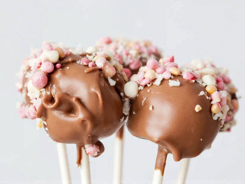 Homemade cake pops on sticks with chocolate coating