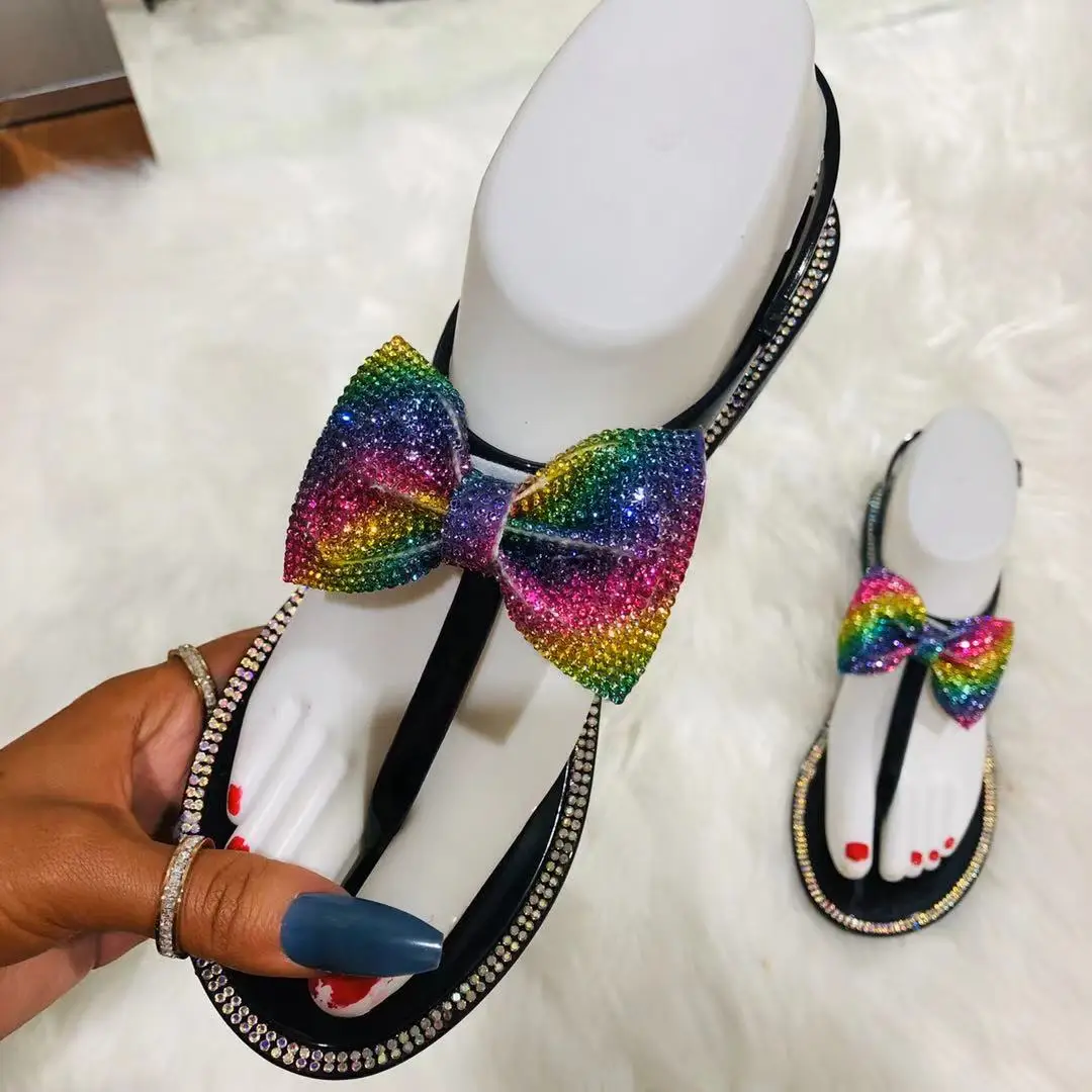 

New Jelly crystal sandals fashion Butterfly-knot Rhinestones slippers flat outdoor flip flops slippers sandals for women, Black / pink