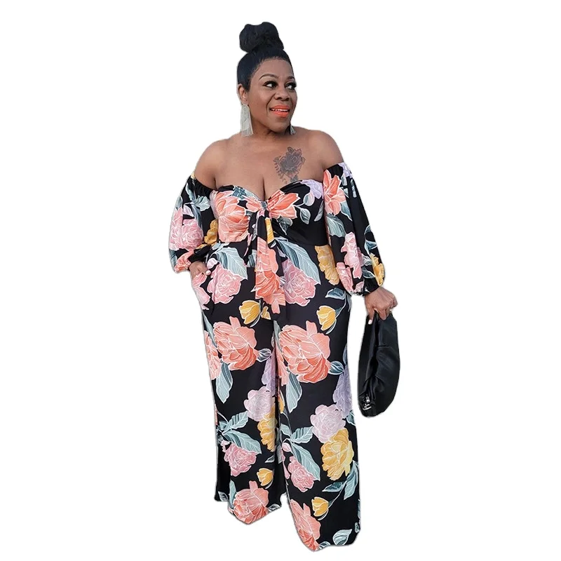 

J&H fashion 5Xl plus size women wide leg jumpsuits with puff sleeve sexy off the shoulder pants set, 1 color as picture