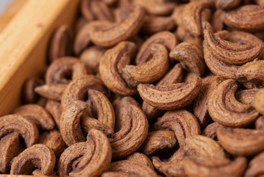 Close-up photograph of cumin seeds showing their distinctive crescent shape and brown color on a wooden spice rack