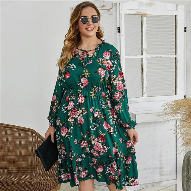 

2021 High Waist Slim Print Plus Size Dress Women's Floral Dress, Picture color