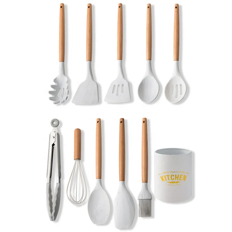 

11pcs Marbling White Heat Resisting Food Grade Silicone Kitchen Utensils Set With Spatula Spoon Oil Brush Whisk