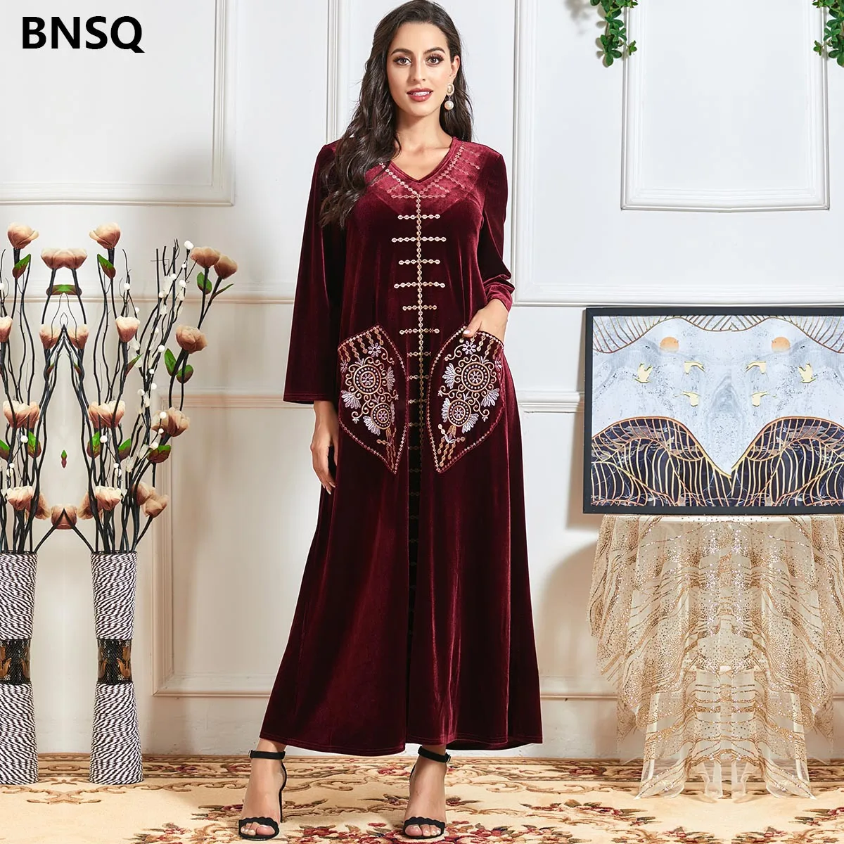 

Comfortable embroidered long sleeve velvet patchwork abaya pocket muslim dress abaya women middle east islamic clothing