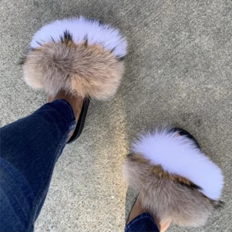 

Fashionable high quality fox fur slides fluffy fur slides pink fur slides