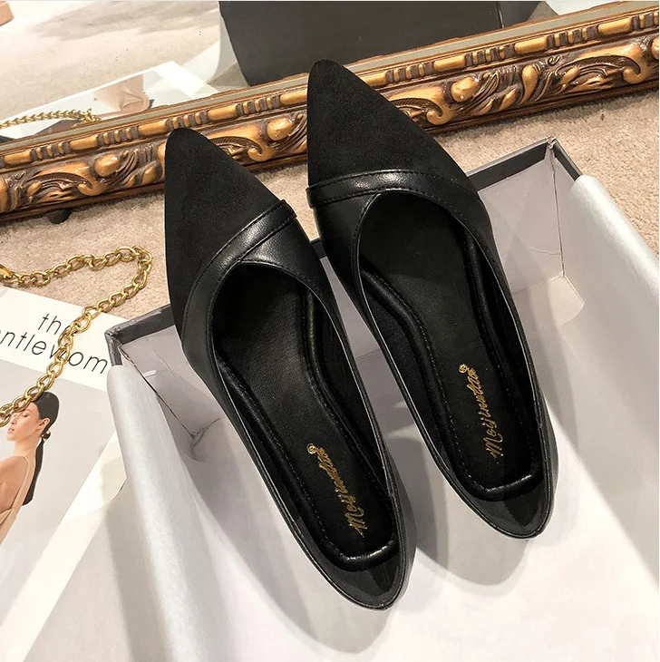 

2021 spring new all-match suede pointed shallow mouth color matching shoes European and American large size women's shoes, Black,apricot
