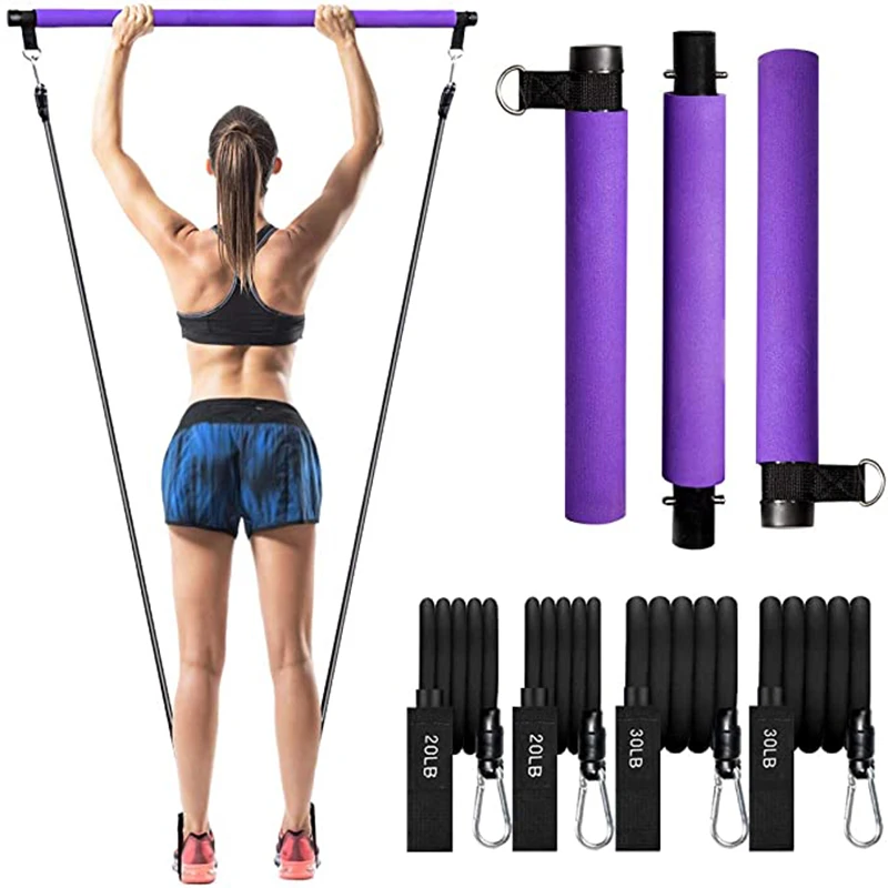 

Amazon High Quality 3 sections Adjustable fitness Yoga Bar Pilates Stick Kit Pilates Bar Set with Resistance ropes, Pink, blue, purple