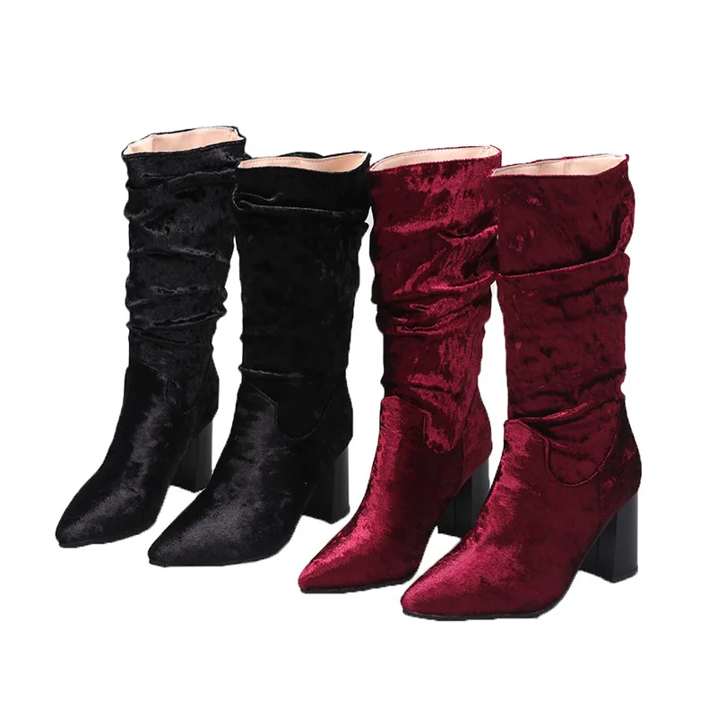 

SL-0214 New Latest Solid Color Casual Red High-heeled Velvet Boots Women's 2021 Design Long Boots Thick-soled Shoes For Ladies, Black