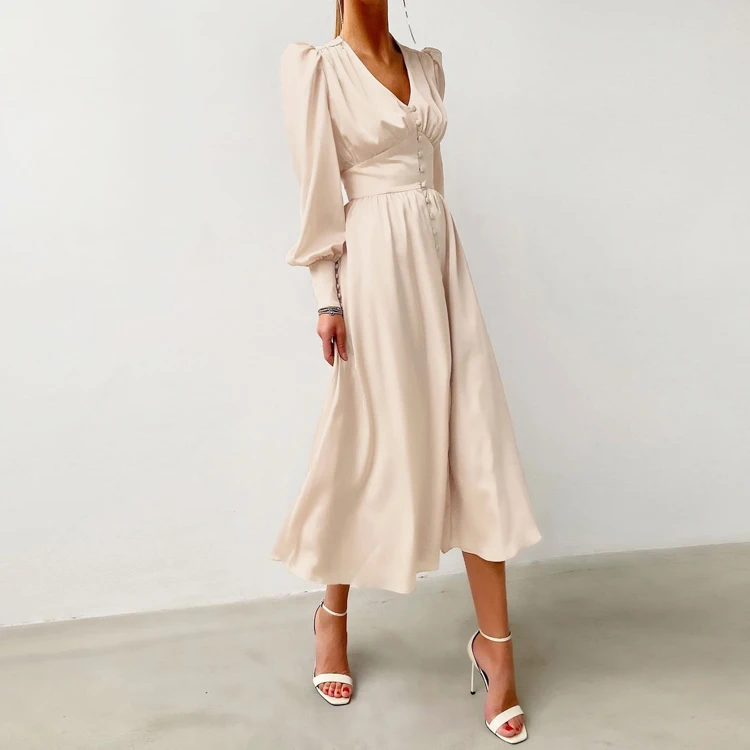 2021 Spring Puff Sleeve Satin Ladies Ruched V-neck Party Dresses Pleated Elegant Bodycon Maxi 