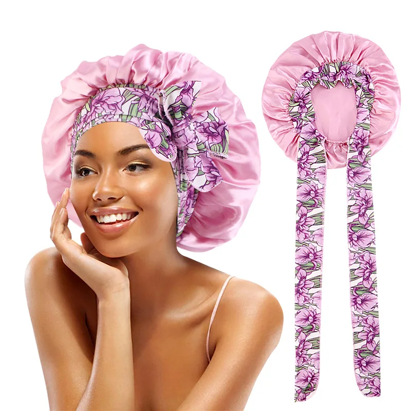 Night Sleep Cap Women Adjustable Straps Elastic Head Hair Wrap Flower Print Tie Band Hair Satin Silk Bonnets