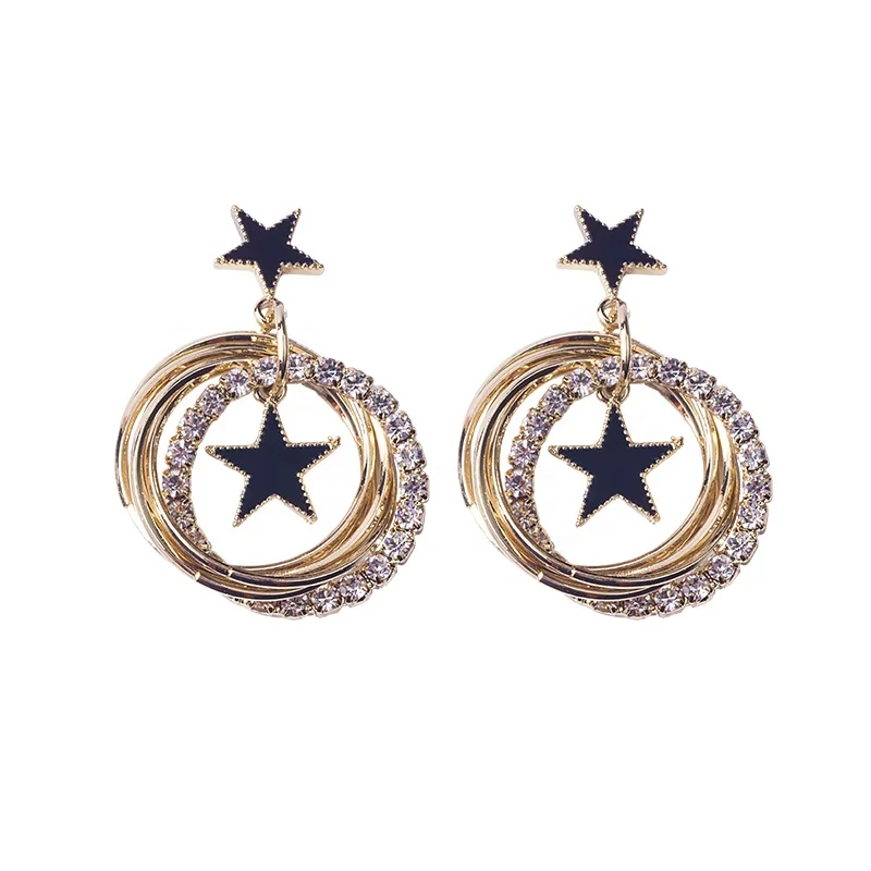 

Silver needle new temperament geometric pentacle multi - layer diamond set earrings for women, Gold color