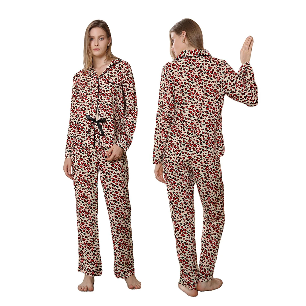 

Sexy red leopard print long sleeve organic cotton sleepwear pyjamas nightwear nightsuit pjs ladies women loungewear pajamas set