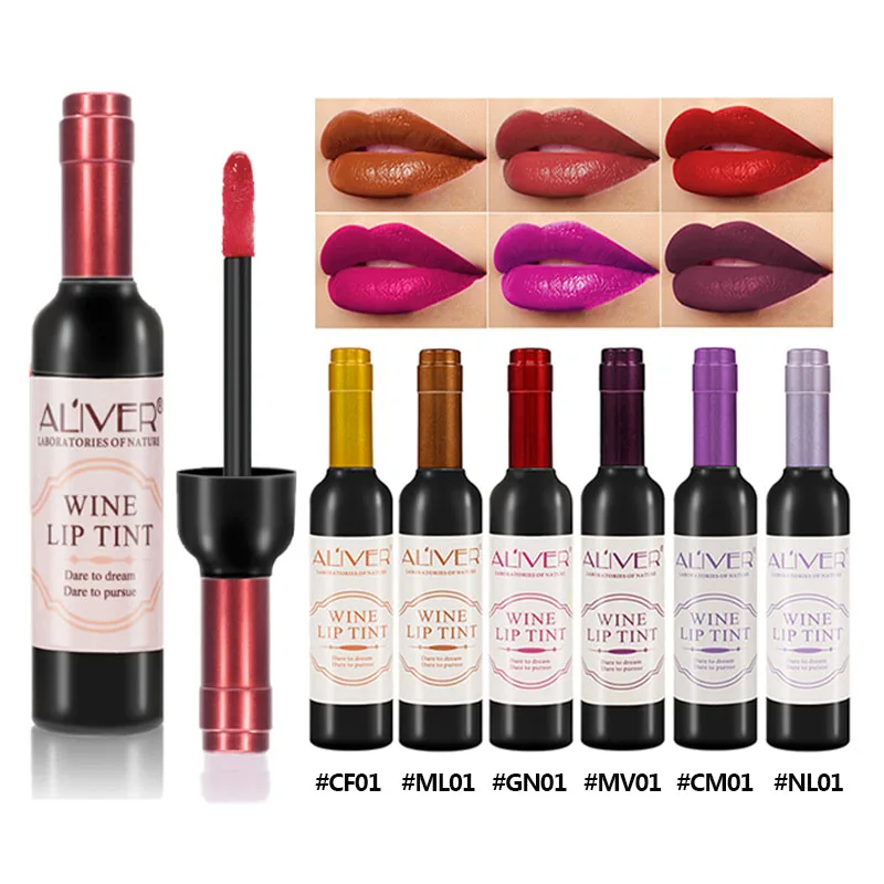 

Wholesale New Colours Amazon Hot Sale Red Wine Lip Tint Private Label Lip Glaze Wine Bottle Design Liquid Lipstick