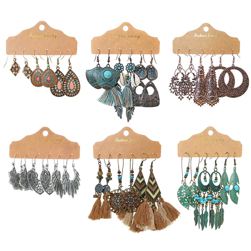 

Stocks Selling Vintage Earrings Set for Lady Three Pairs Per Cards Wholesale Cheap Jewelry Anti Color Metal Earrings