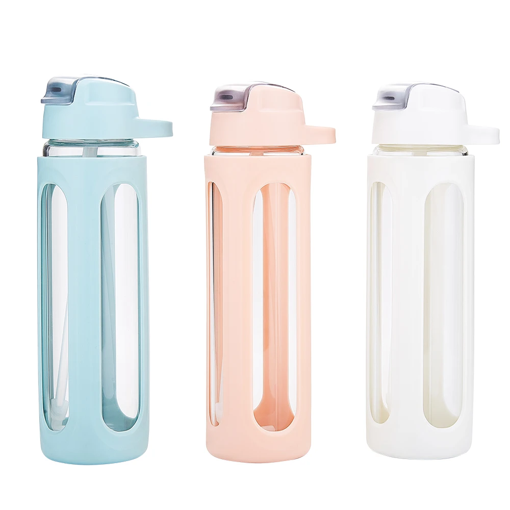 

Fashion design private label custom unbreakable borosilicate drinking glass water bottle with silicone sleeve straw, Customized color