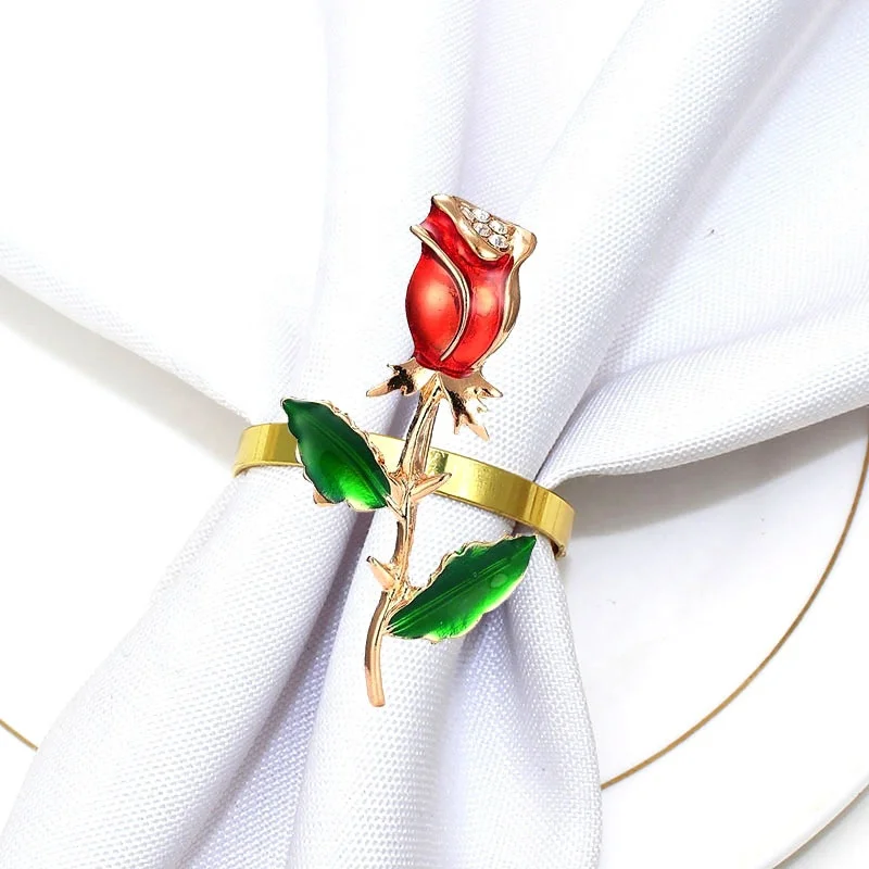

Valentine's Day Rose Napkin Rings Gold Metal Holder Design for Wedding Party Holiday Banquet Anniversary Dining Table Dec HWF59