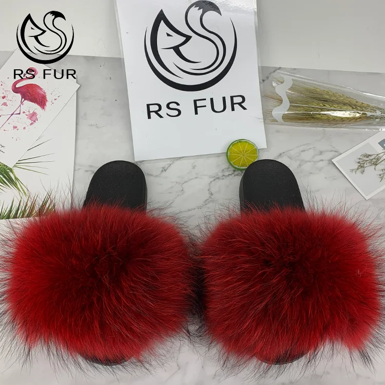 

Wholesale flip flop custom logo fluffy fur slippers all colors fox fur slides for women, Pink,yellow,white,black,green,or custom