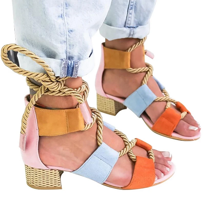 

Trend setting explosion fancy women shoes gril lace up thick short heel summer laddies boho on the beach fishmouth sandals