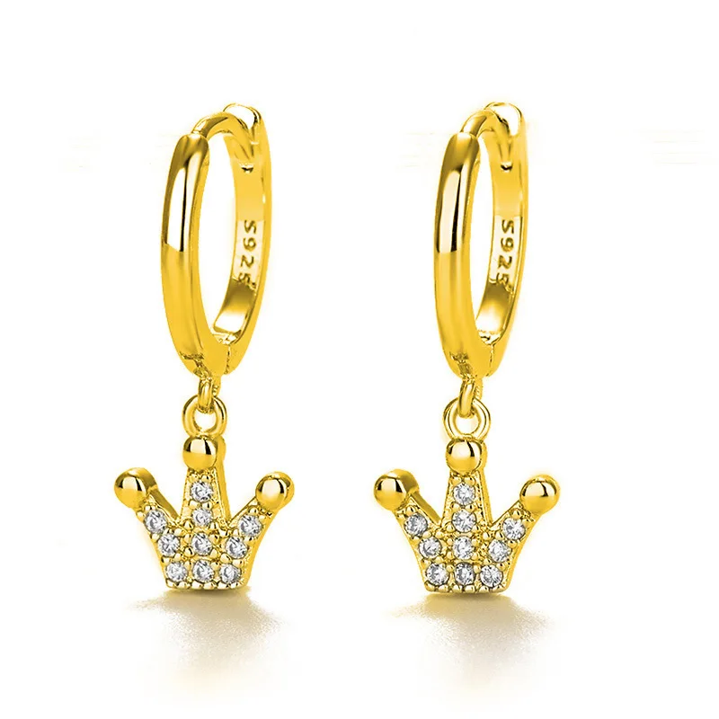 

QIANZUYIN Fashion 18K Gold Plated Color Zircon Earrings 925 Sterling Silver Quality Crown Earrings For Women