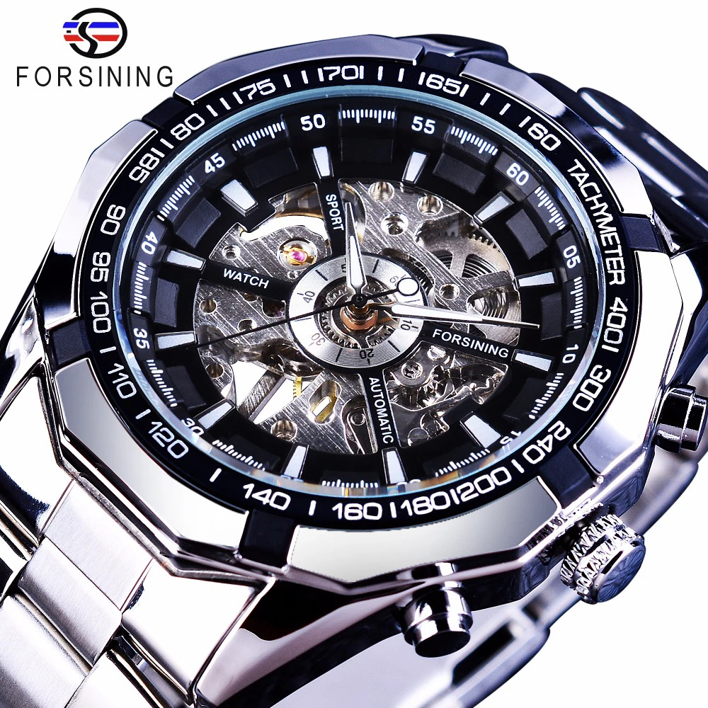 

Forsining Watch Silver Stainless Steel Waterproof Men Skeleton Watches Top Brand Luxury Transparent Mechanical Watches Men Wrist, 3-color