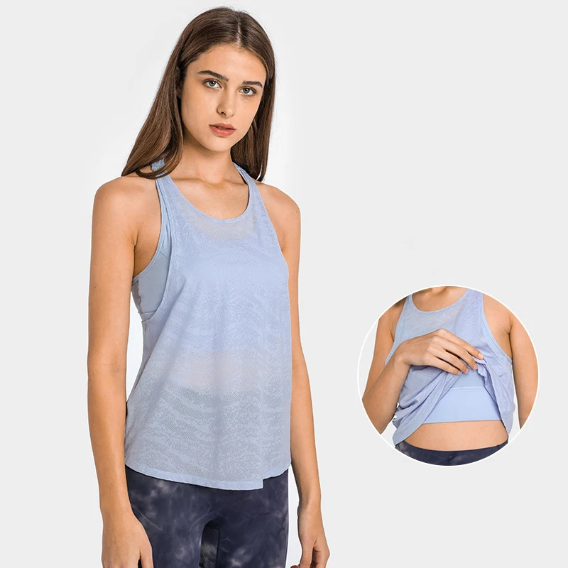 

Hot Selling Breathable Jacquard Yoga Tanks Build In Bra Two-in-one Loose Casual Gym Vest Mesh splicing Women Sportswear Yoga Top