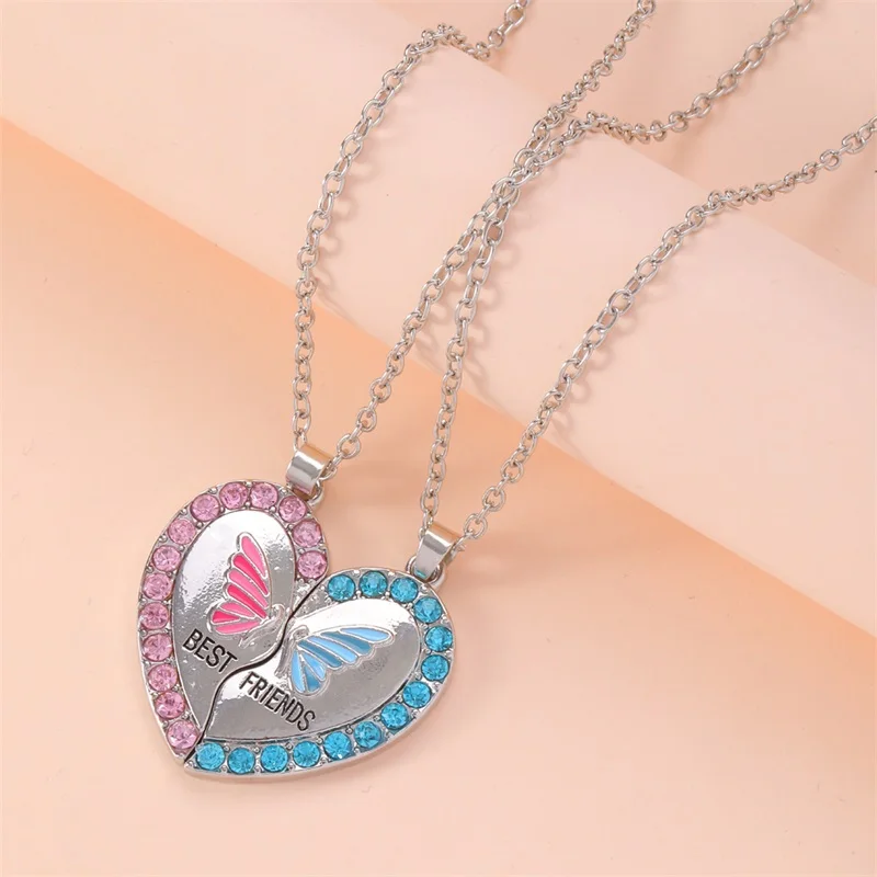 

New style best friends series butterfly zircon heart-shaped friendship pendant fine jewelry necklaces