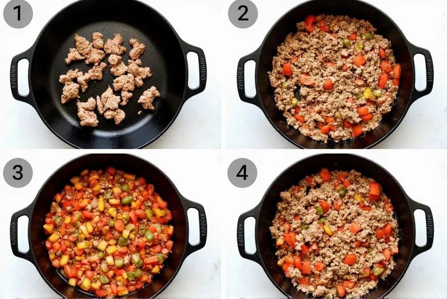 Step-by-step preparation of healthy turkey chili recipe showing browning ground turkey with vegetables in cast iron pot