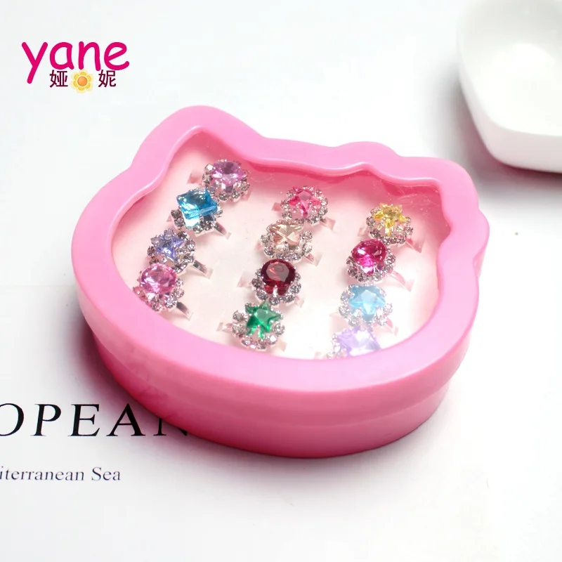 

Cute style 12pcs colorful shinny rings set cat shape box rhinestone alloy rings