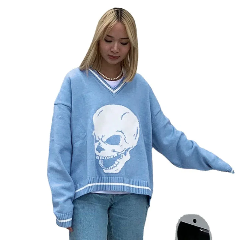 

Autumn Winter skull Print V Neck Knitted Jumpers Casual Long Sleeve Harajuku Sweater Women Streetwear Pullover Female 2021 blue