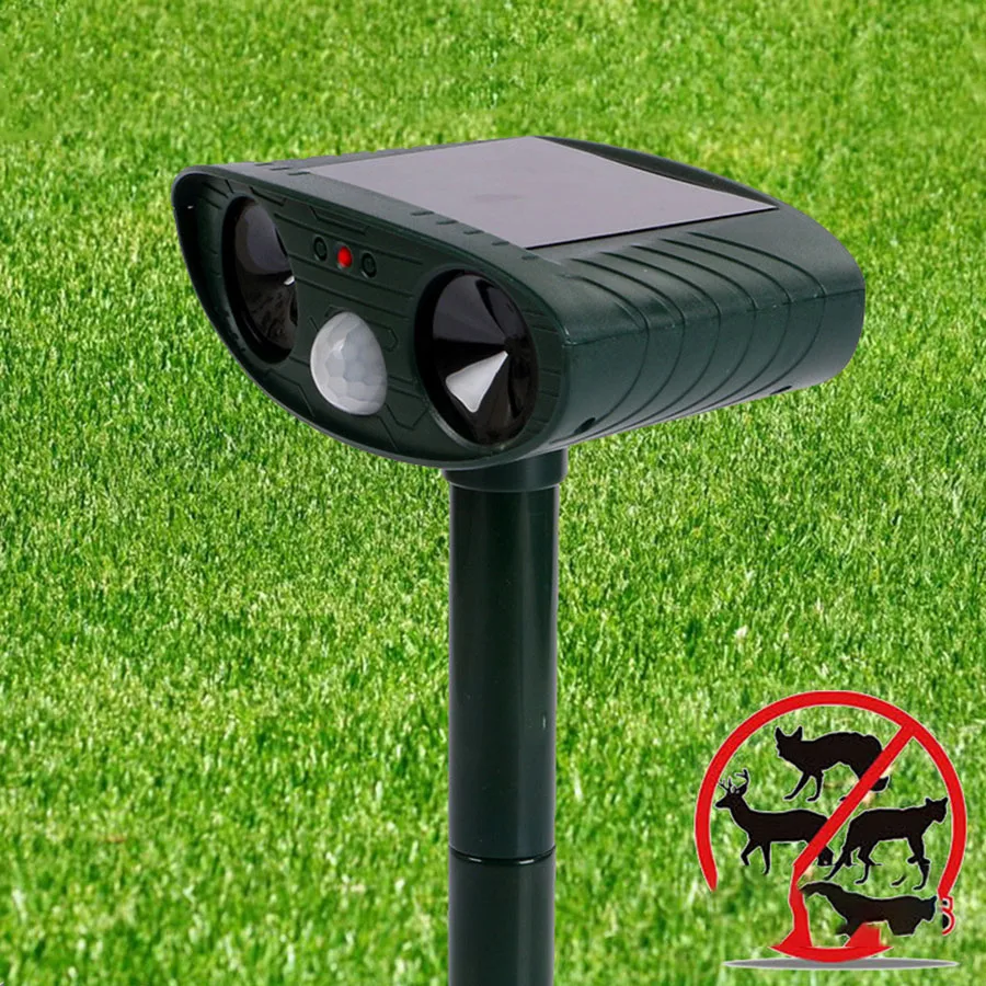 

Ultrasonic Dog Chaser Animal Deterrent Motion Sensor Flashing Lights bird Repellent Outdoor Solar Farm Garden Yard pest repeller