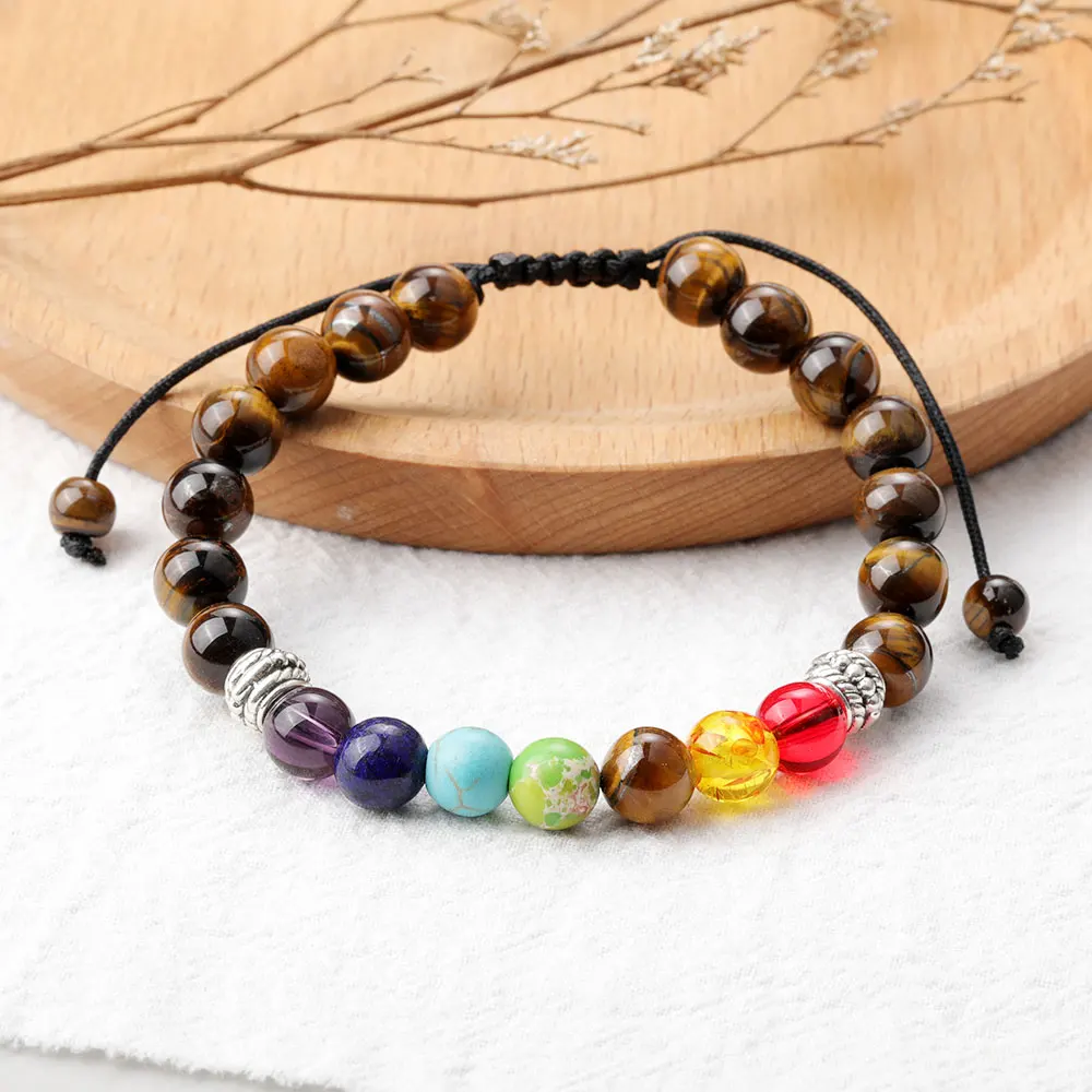 

8mm Tiger Eye Beads Jewelry for Men Women Adjustable Size 7 Chakra Bead Braided Bracelet, Colorful