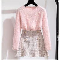 

Autumn New Women Pink Sweet Long Sleeve Beading pullover Knitting sweater Top + tweed mermaid Mini Skirt 2 Piece Sets