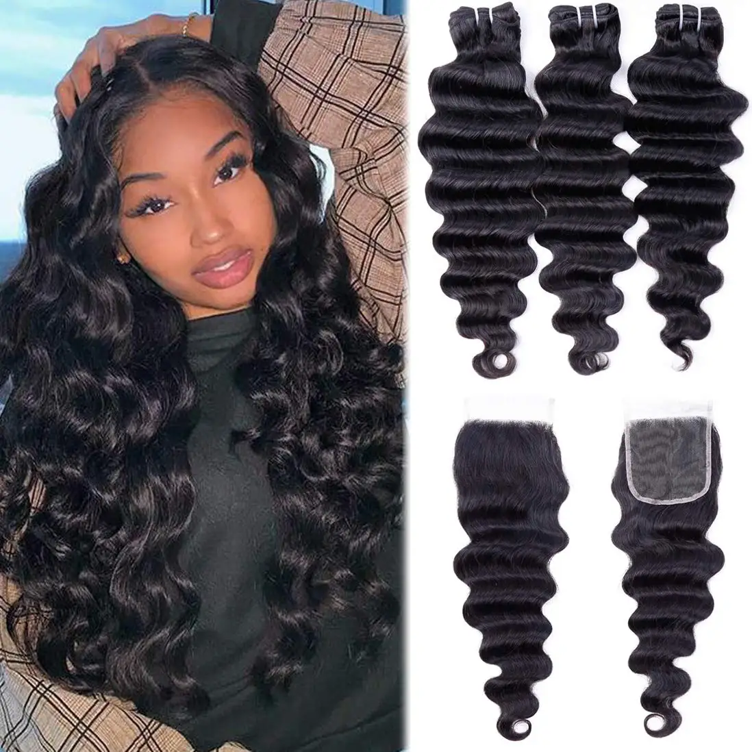 

Vendors 4x4 5x5 Loose Wave One Single Donor Super Double Drawn Bouncy Short Ombre 100% Raw Remy Indian Hair Bundles with Closure, 1b / #2 / #4 / 613 blonde / obmre