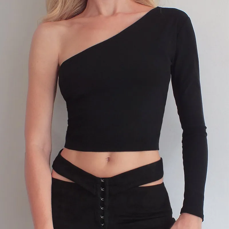 

hot sale sexy long sleeve one off the shoulder crop tops black solid bandage crop tops ladies