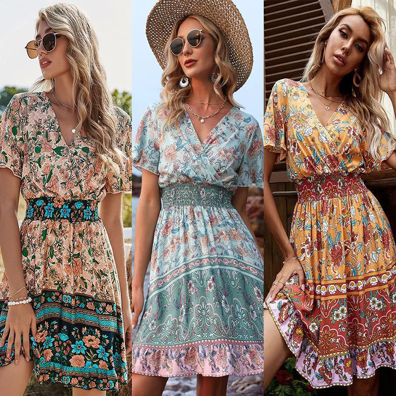 

Amazon Top Seller Fashion V Neck Bohemia Floral Short Dress Girls' Summer Short Sleeve Resort Sandbeach Casual Dresses Women, Green,apricot,orange