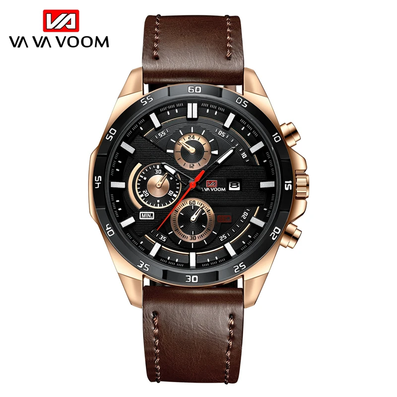 

VAVAVOOM VA-216 new leather strap men's quartz wrist watch automatic date student waterproof fashion casual men's watches, 5 colors