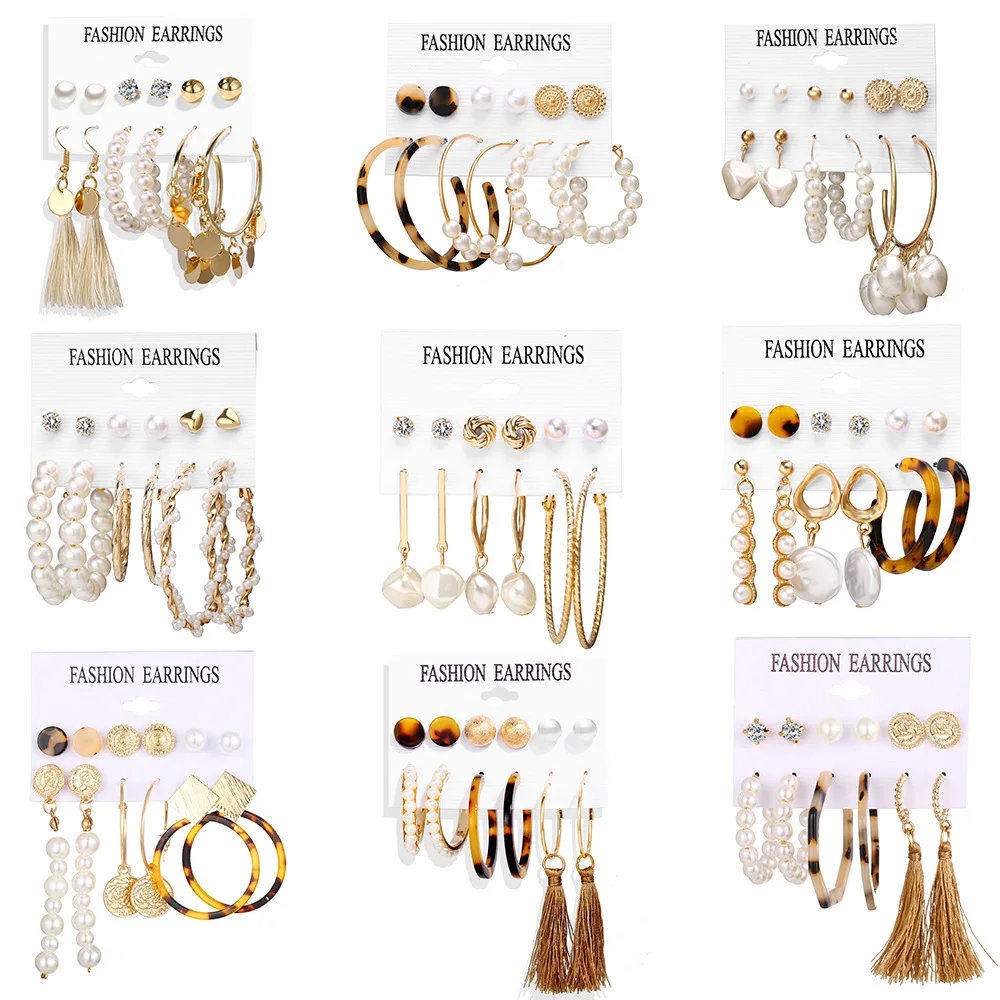 

YICAI 2021 Brincos Fashion Jewelry Acrylic Pearl Earrings For Women Mixed Designs Leopard Tassel Hoop Stud Earrings Set, Gold plated