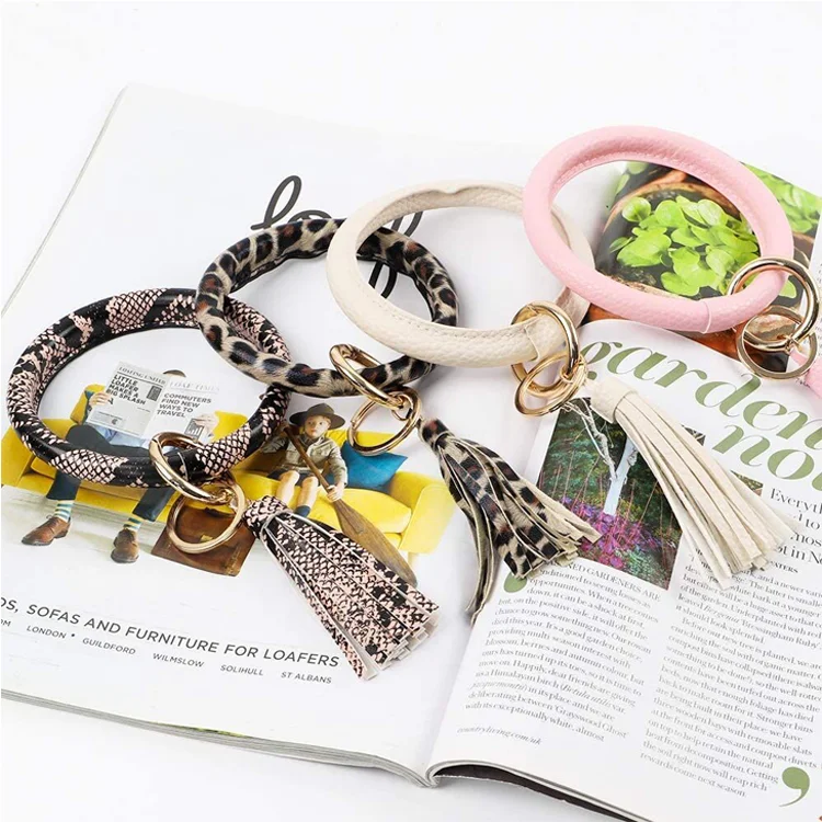 Amazon Hot Sale Custom Large Circle Key Ring Leopard Leather Macrame