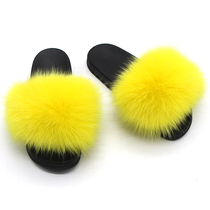 

New Design PVC Sole Multi Colors Rainbow Block Summer Fox Fur Slipper Woman, Customized color