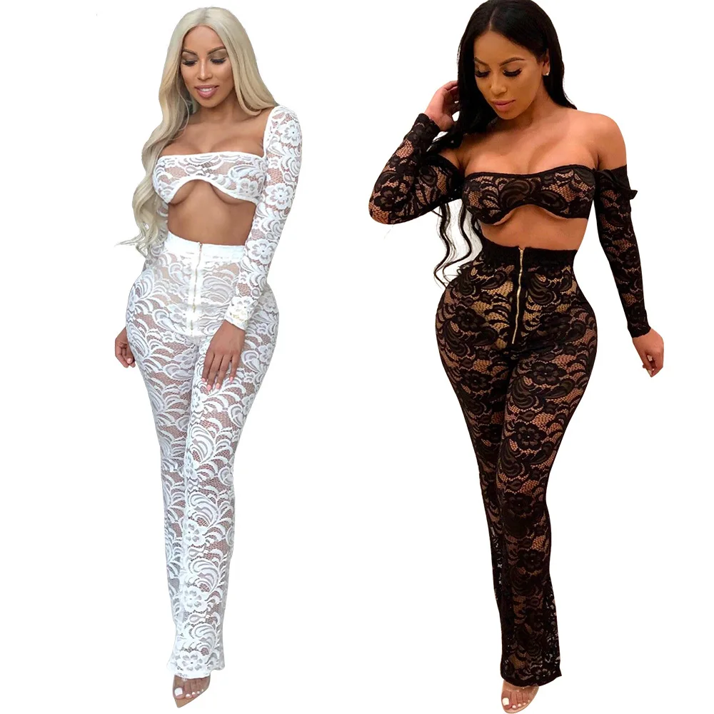 

Stylish Design 2021 Fashion Sexy Lace Top And Trousers Long Sleeves See Through Two Piece Women Set