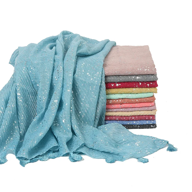 New Solid Scarf With Fashionable Silver Hot Stamping Twill Cotton and Linen Fold Long Hijab Scarf