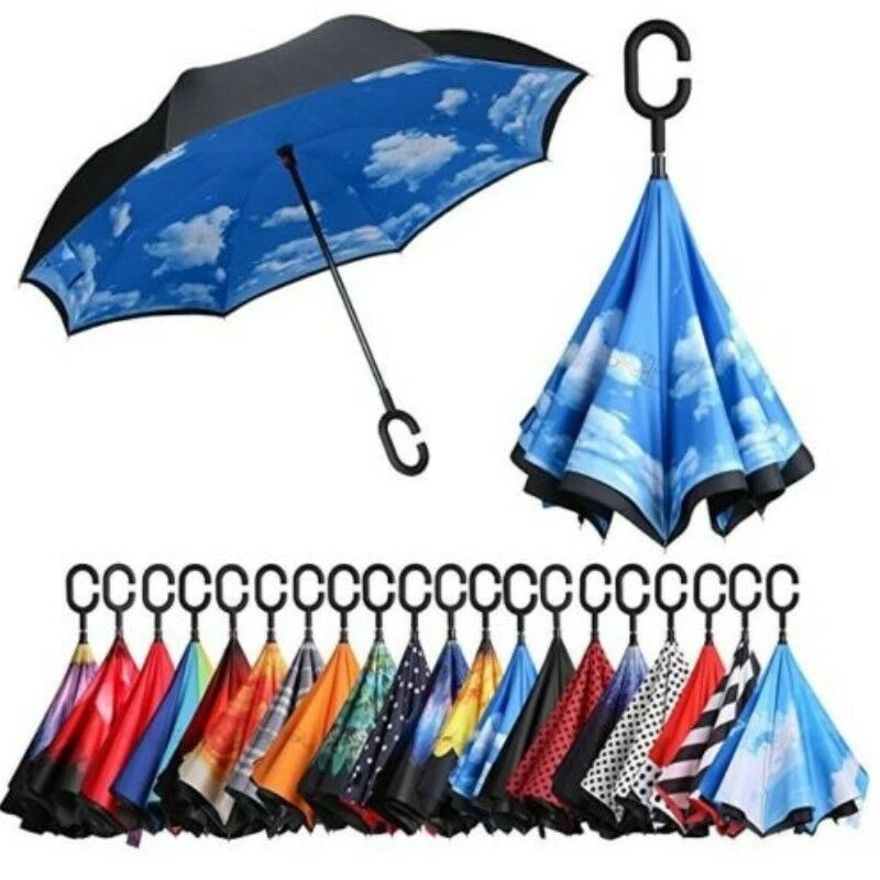 

A41 C Hand Windproof Reverse Double Layer Inverted Inside Out Self Stand 3D Print Floral Umbrella