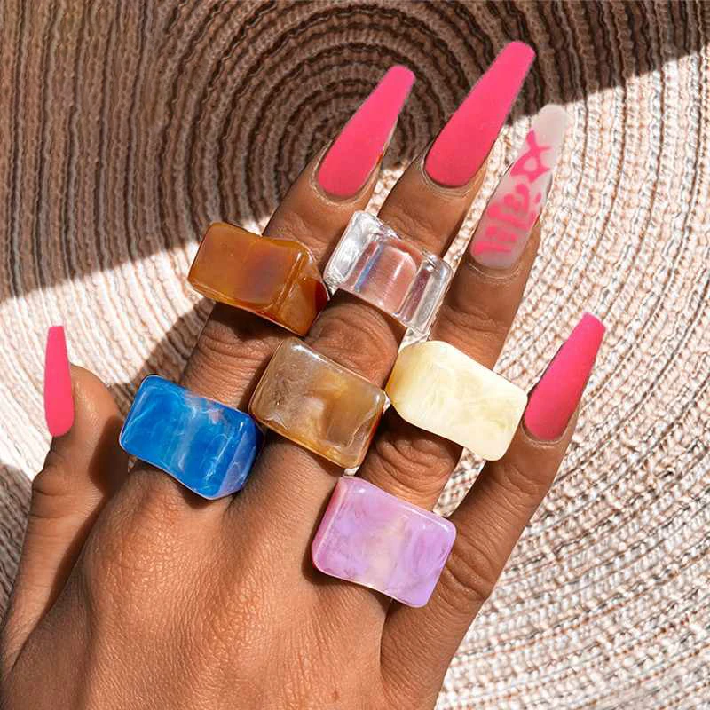 

Artilady Vintage Design Transparent Colorful Korea Acrylic Ring Resin Tortoiseshell Square Marble Pattern Ring, As picture show