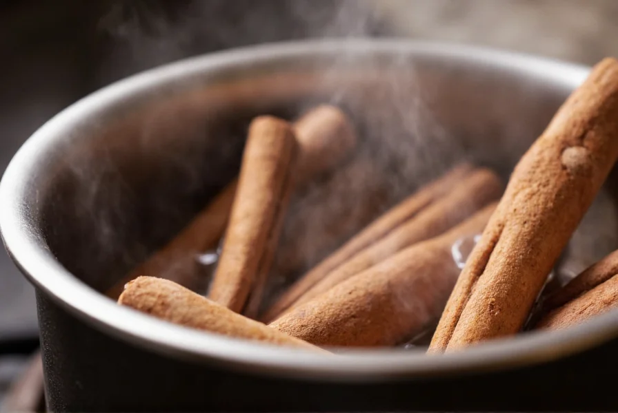 Close-up of Ceylon cinnamon sticks simmering in a small pot with steam rising, showing proper water-to-cinnamon ratio for optimal extraction